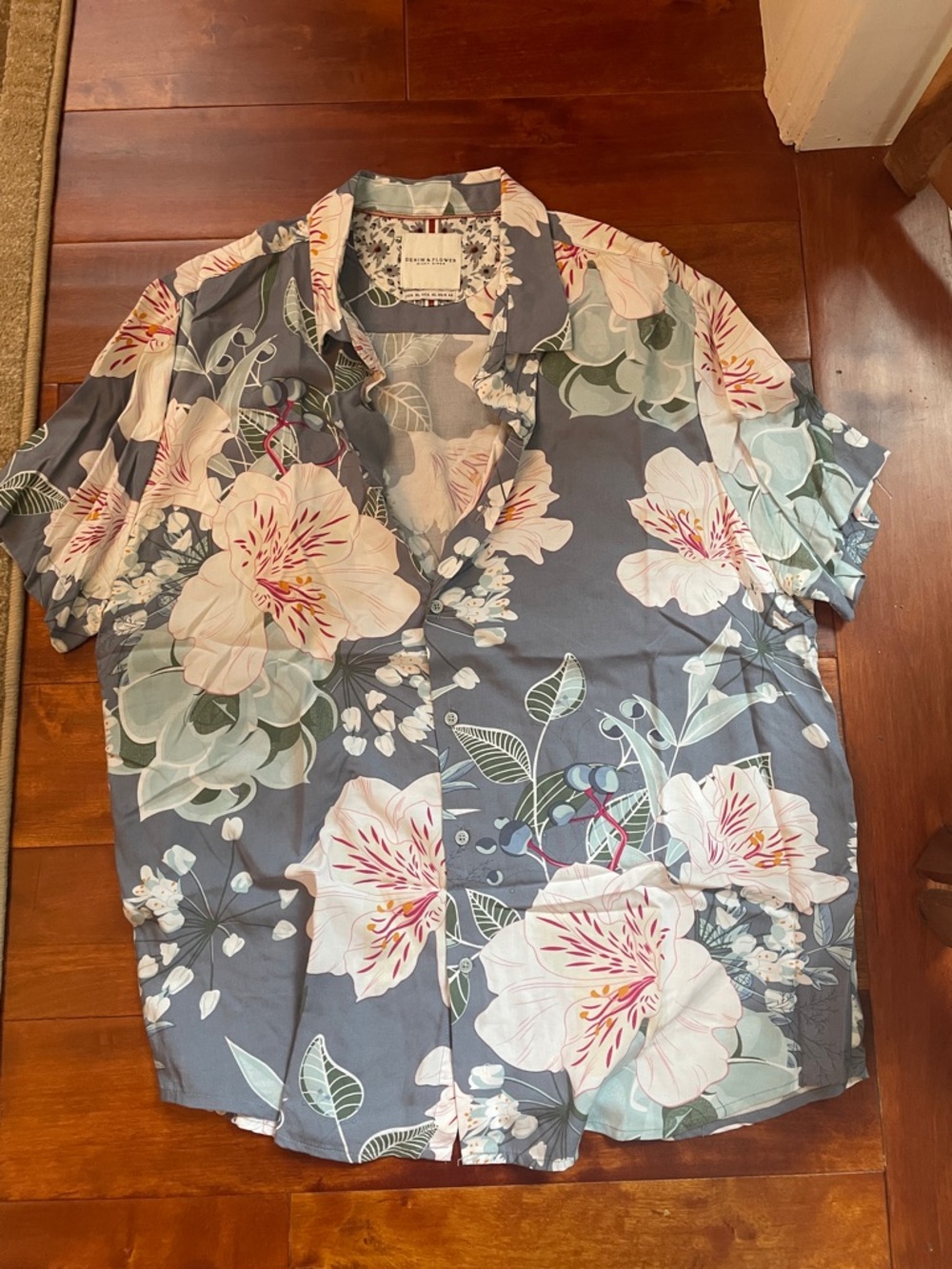 Denim & Flower Slate Blue Floral Short-Sleeve Button Up Shirt